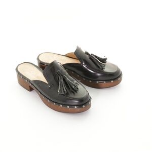 J. Crew Dakota Spazzolato Leather Tassel Black Clogs Womens 9.5M Classic Preppy